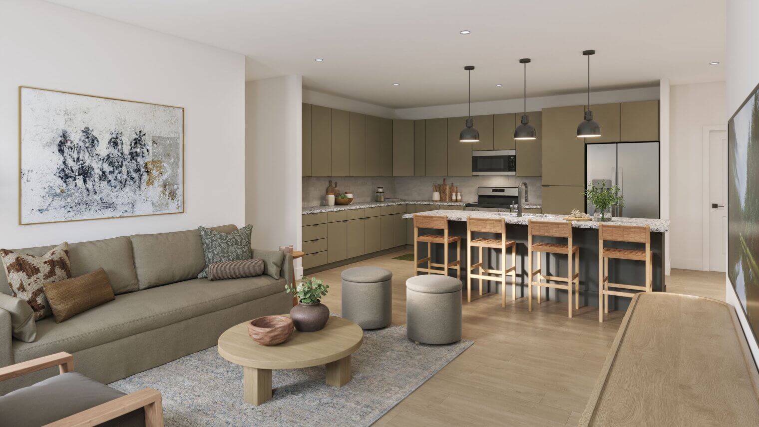 Evado Asheville open-concept apartment living room and kitchen in Fletcher, NC