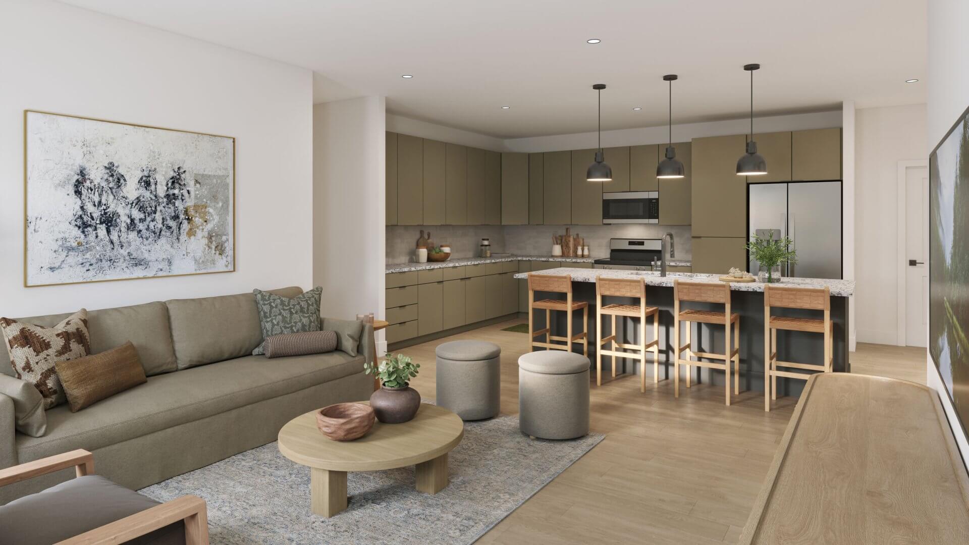 Evado Asheville open-concept apartment living room and kitchen in Fletcher, NC